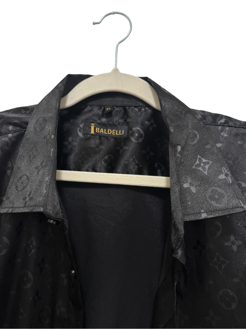Men's Black Satin Button-Up Shirt. Copy of Louis Vuitton logo brand new. - Picture 6 of 11